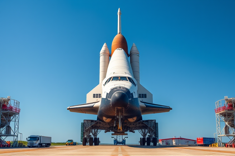 Create a high-resolution illustration of a space shuttle on the launch pad with a front view, using a Canon EOS 5D Mark IV camera, aperture f/8, ISO 100, shutter speed 1/200 sec, in a vibrant color style with a clear blue sky background.