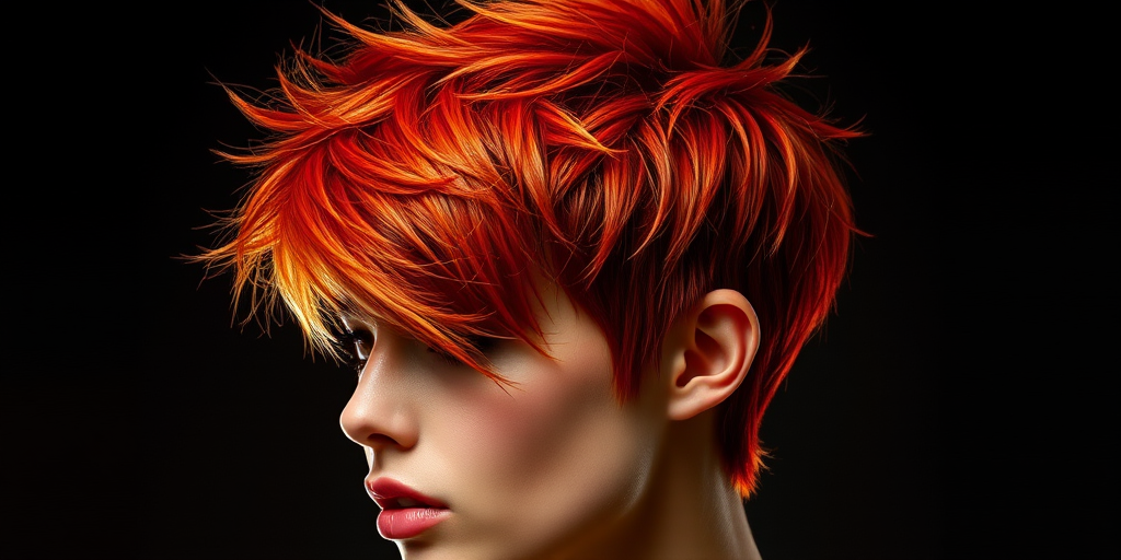 Dramatic shot of a model with Flame Fusion hair, a bold mix of reds and oranges in a short, spiky pixie cut with longer pieces framing the face