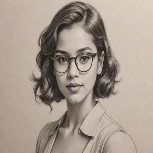 Pleasing Isabela Moner, pencil sketch, portrait of Enchanting woman 1935s in glasses, hair style beatnik, outline, clear lines, fine lines, 8k