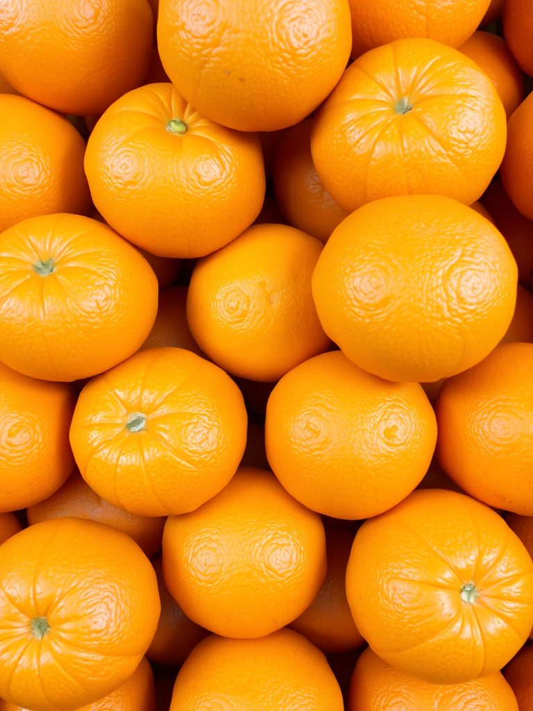 A close-up view of a collection of fresh, ripe oranges stacked closely together, showcasing their vibrant orange color and textured skin.