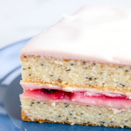 A close-up of a slice of layered cake with visible poppy seeds in the light sponge layers and a pink fruit filling between the layers, topped with smooth white frosting and a light pink border, resting on a blue plate.