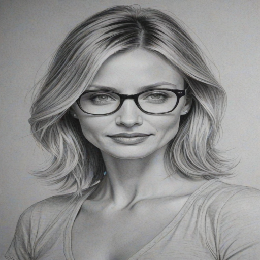Graceful Cameron Diaz, pencil sketch, portrait of Lovely woman 1979s in glasses, hair style beatnik, outline, clear lines, fine lines, 8k