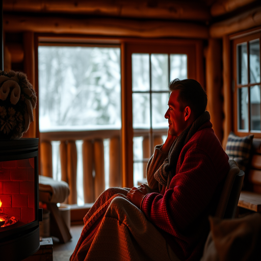 Warm, intimate photo of a couple sitting by a fireplace in a rustic cabin, soft glow from the flames illuminating their faces, a warm blanket draped over their laps, the smell of burning wood and the soft crackle of the fire filling the air, snow falling outside the window behind them.