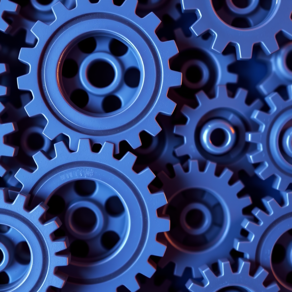Create a seamless pattern of interlocking gears in varying shades of blue, using a macro lens setting, f/4 aperture, ISO 100, 50mm lens, top-down view, vibrant color enhancement, high dynamic range.