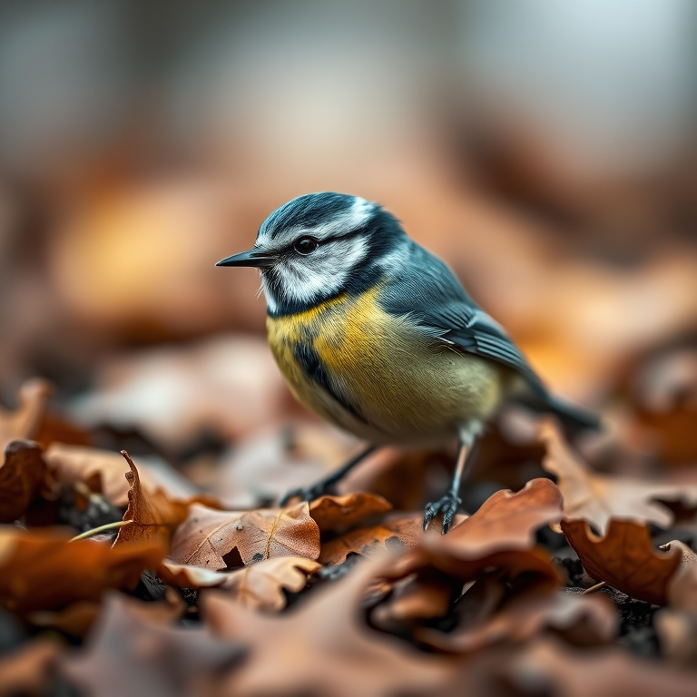 A close-up of a blue tit perched on a bed of fallen leaves in soft focus, captured with a DSLR camera, 85mm lens, aperture f/2.8, ISO 200, natural lighting, focus on the bird with a blurred background for depth.