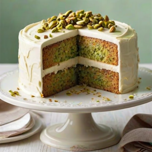 Generate an image of a beautifully decorated cake with a creamy frosting and topped with crushed pistachios. Show a slice being cut from the cake to reveal its layers. The setting should be simple and elegant, highlighting the cake's details.