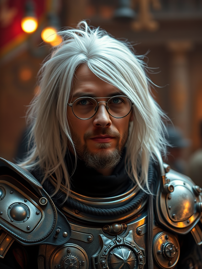 steampunk man with long white hair and glasses wearing intricate metallic armor, warm lighting, depth of field, 50mm lens, f/1.8, ISO 200, soft focus in the background, portrait orientation, captured with a DSLR camera