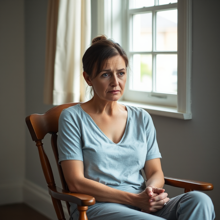 A woman sitting in a wooden chair, looking distressed, soft natural light from a window, shoot at f/2.8 for shallow depth of field, ISO 400, 50mm lens, captured in a portrait view using a DSLR camera.