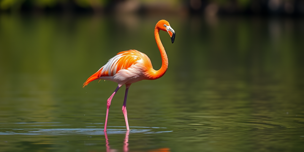 Flamingo standing on one leg in shallow water, vibrant colors, soft focus background, taken with a Canon EOS R5, 85mm f/1.8 lens, ISO 100, aperture f/2.8, 1/2000 sec shutter speed, natural lighting.