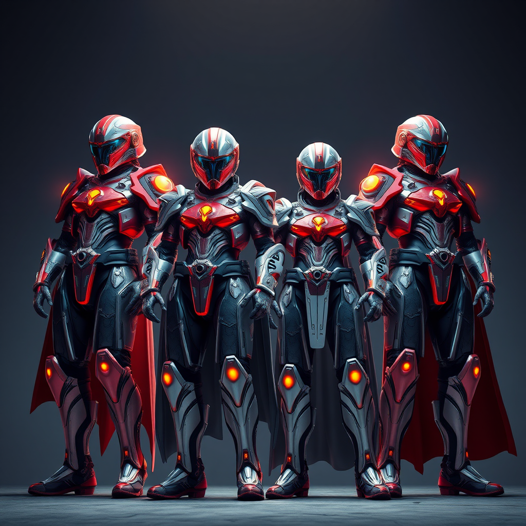 Create a high-resolution digital art image of four futuristic characters in detailed armor standing together, with a focus on dynamic poses and vibrant colors, using a Canon EOS R5 with a 50mm f/1.2 lens, aperture set to f/2.8, ISO 100, and a low-angle shot for dramatic effect, ensuring clear textures and highlights.