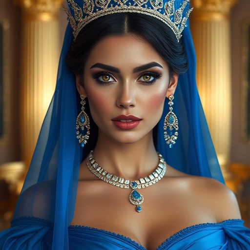A gorgeous Coptic woman in a luxurious blue gown, accessorized with a dazzling tiara and statement earrings, her deep Yellow eyes highlighted by impeccable makeup, poised in a royal setting, photorealistic, 8K quality