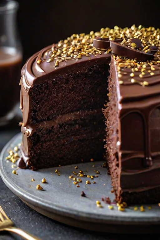 Close-up of a decadent chocolate cake with layers of rich frosting, soft light highlighting the glossy ganache and sprinkles of edible gold on top, with a fork resting beside it.