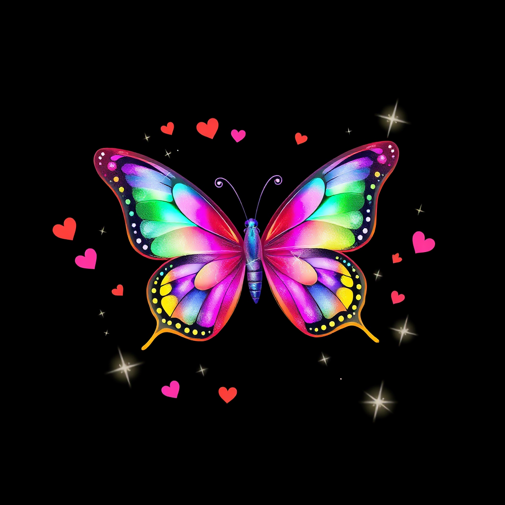 Create an image of a colorful butterfly with sparkling effects. The butterfly should be surrounded by small hearts and twinkling stars, all set against a black background. Use vibrant rainbow colors for the butterfly and ensure the overall design has a magical and whimsical feel.
