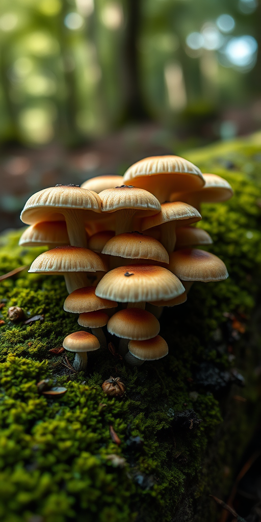 Capture a close-up of a cluster of unique mushrooms growing on a mossy log in a forest setting, with soft natural lighting, using a Canon EOS R5, aperture f/2.8, shutter speed 1/60 sec, ISO 100, focus on the texture of the mushrooms, with a shallow depth of field to blur the background.