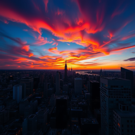 Capture a breathtaking sunset over a city skyline with vivid orange and red hues, using a DSLR camera at f/11, ISO 100, shutter speed 1/125s, with a wide-angle lens, taken from a high vantage point to enhance the depth of the scene.