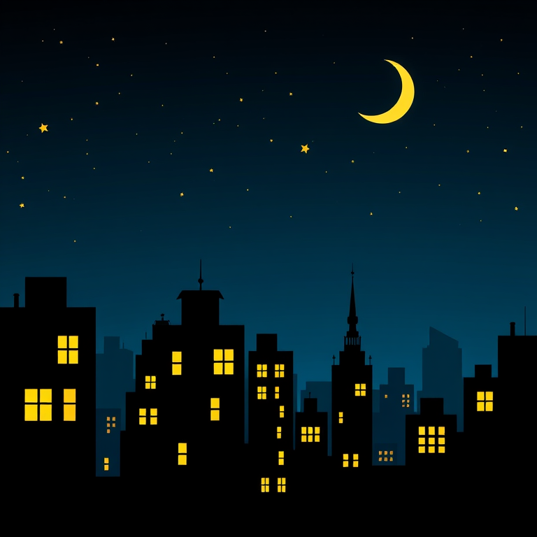 Create a whimsical city skyline at night, featuring silhouetted buildings with bright yellow windows, a crescent moon, and stars in a deep blue sky; use a Nikon D850, f/8 aperture, ISO 100, 50mm lens, and maintain a wide-angle view for clarity and detail.