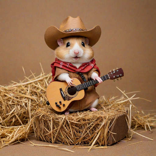 A chibi hamster, dressed as a cowboy, playing guitar, sitting on a hay bale
