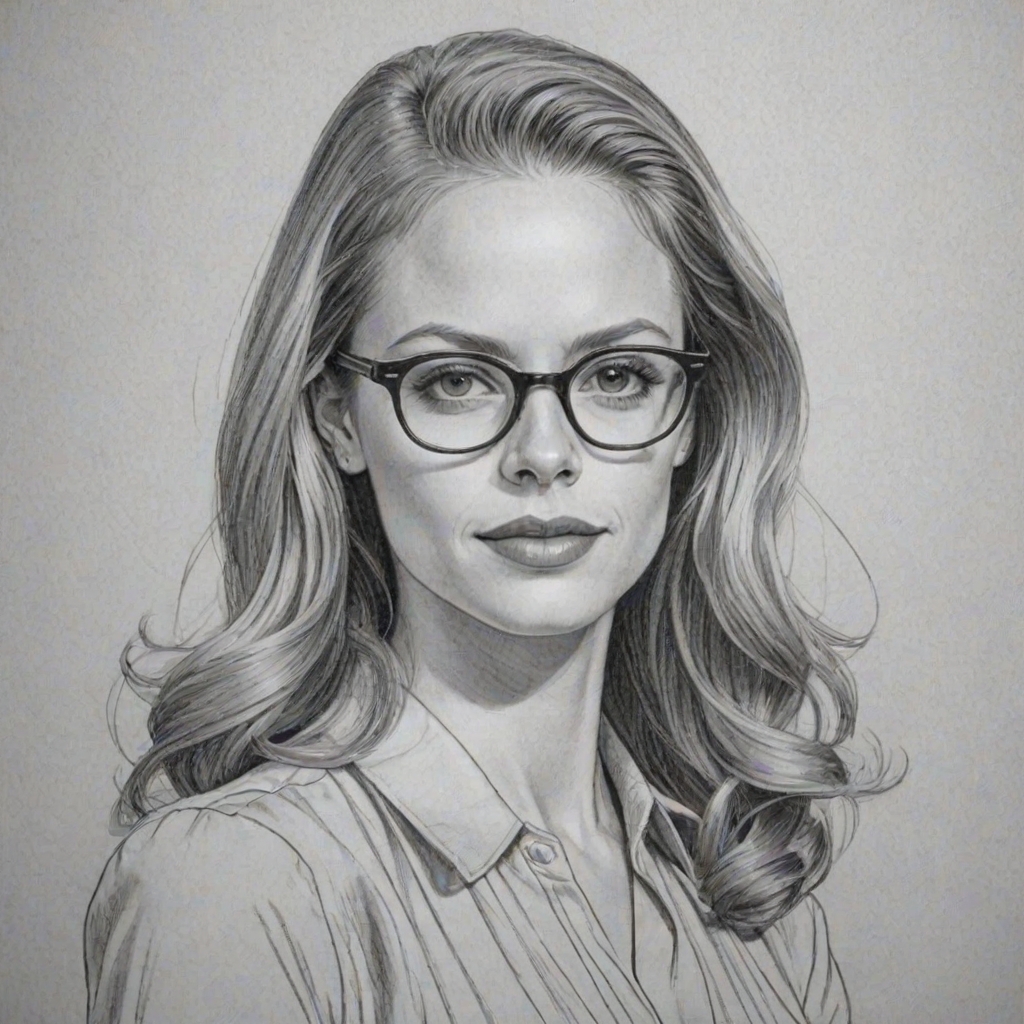 Stunning Claire Coffee, pencil sketch, portrait of Alluring woman 1940s in glasses, hair style beatnik, outline, clear lines, fine lines, 8k