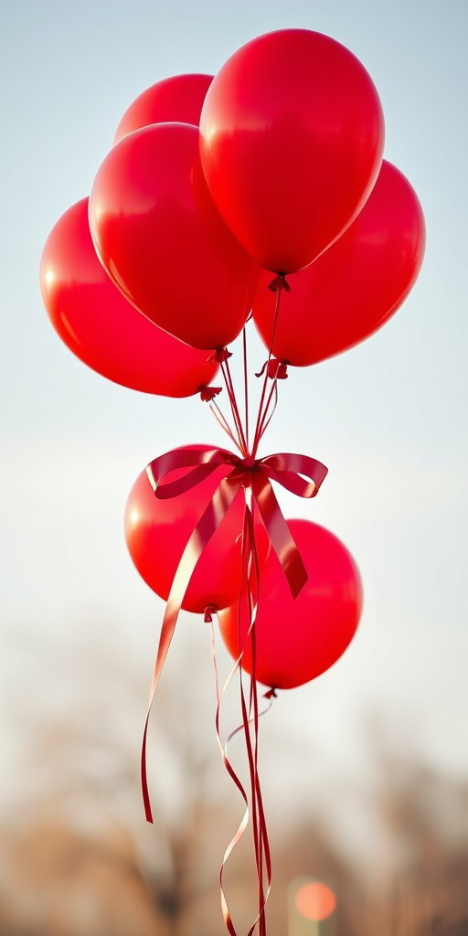 Create an image of a bunch of vibrant red balloons tied together with a shiny ribbon against a soft-focus background, using a Canon EOS R5, 50mm lens, f/1.8 aperture, ISO 100, and natural lighting for enhanced clarity and vivid color.