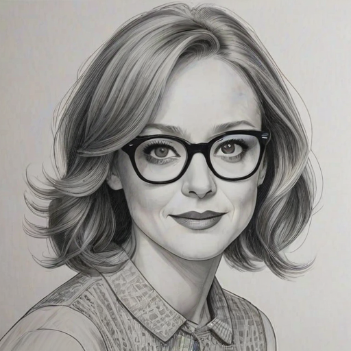Beauteous Jayma Mays, pencil sketch, portrait of Ravishing woman 1968s in glasses, hair style beatnik, outline, clear lines, fine lines, 8k