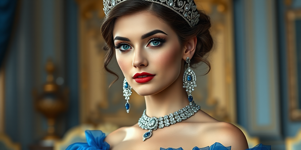 A gorgeous Georgian woman in a luxurious blue gown, accessorized with a dazzling tiara and statement earrings, her deep blue eyes highlighted by impeccable makeup, poised in a royal setting, photorealistic, 8K quality