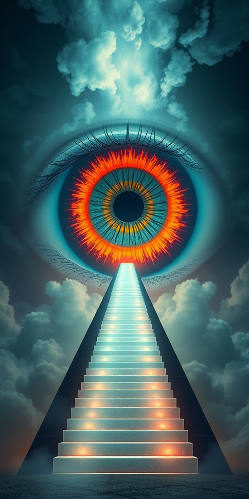 Create a surreal digital artwork featuring a large, vividly colored eye at the center, with a luminous pyramid staircase leading into it, set against an atmospheric background of abstract clouds, using a Canon EOS R5, f/1.8 aperture, 24mm lens, ISO 100, and a soft-focus effect for a dreamy quality.