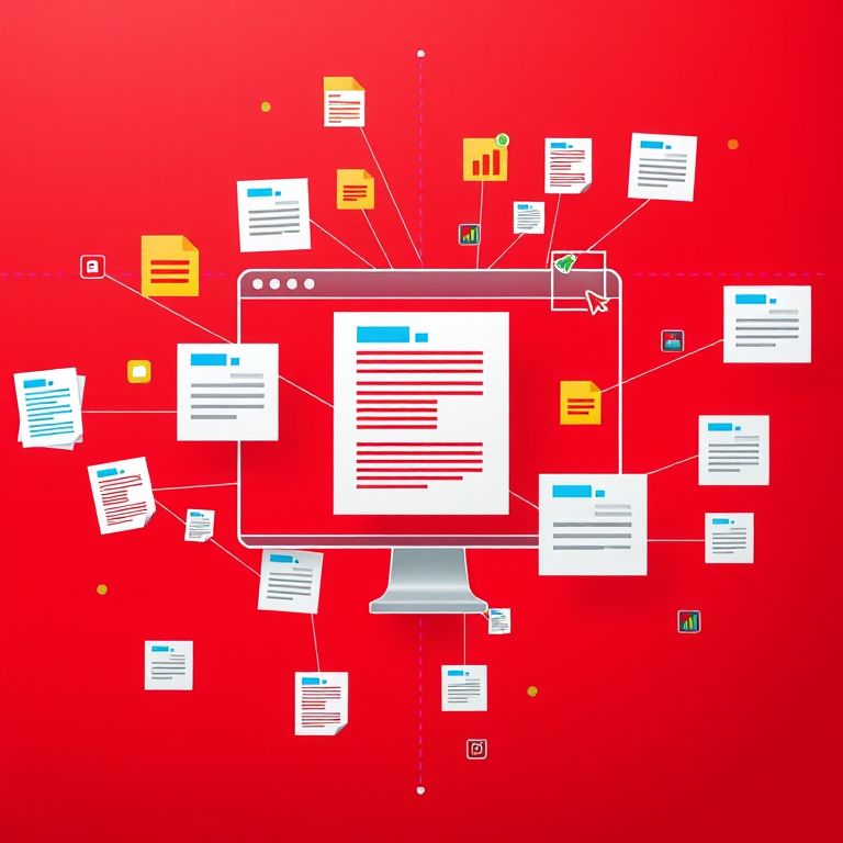 Create a digital illustration of a web interface with colorful documents connected by lines, set against a red background, using a 50mm lens at f/2.8 aperture, ISO 100, shot in high dynamic range style with a full-frame DSLR camera.