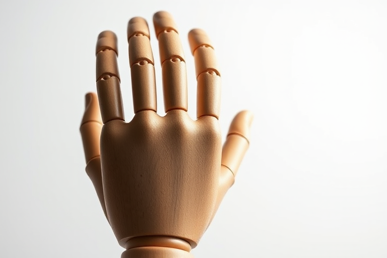 Create a high-resolution image of a wooden mannequin hand in a studio setting with a soft focus background, using a Canon EOS 5D Mark IV, f/2.8 aperture, 50mm lens, ISO 100, and 1/200s shutter speed.
