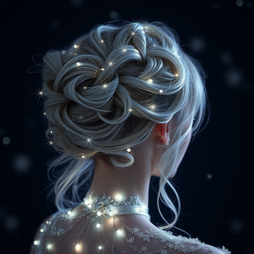 Ethereal moonlight silver strands flow like liquid starlight, arranged in an intricate updo with delicate crystal accents, evoking the mystery of the night sky