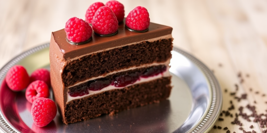 Chocolate cake slice with three layers, filled with raspberry jam, topped with chocolate frosting and fresh raspberries, served on a silver plate with chocolate sprinkles.