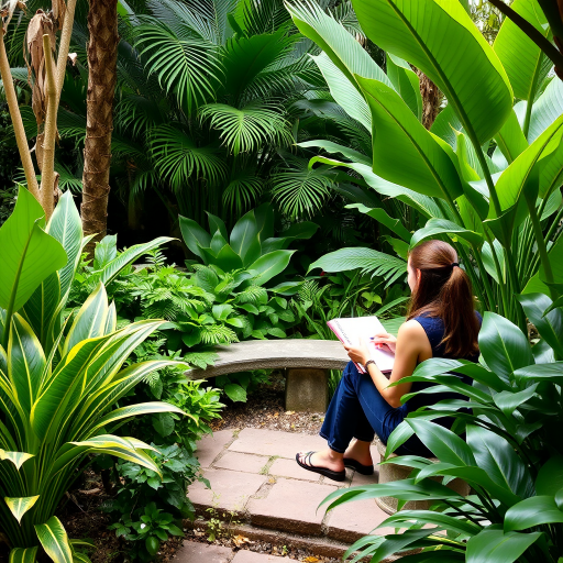 Quiet corner of a botanical garden, with tropical plants surrounding a stone bench, a woman sits with a notebook, sketching the lush greenery.