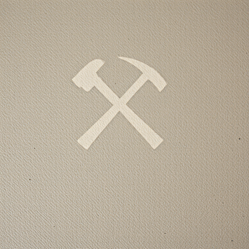 Create a high-resolution image of a crossed hammer and pickaxe logo on a textured background, using a Canon EOS R5 camera with a 50mm f/1.8 lens, aperture set to f/4, ISO 100, natural lighting, and a shallow depth of field for a professional look.