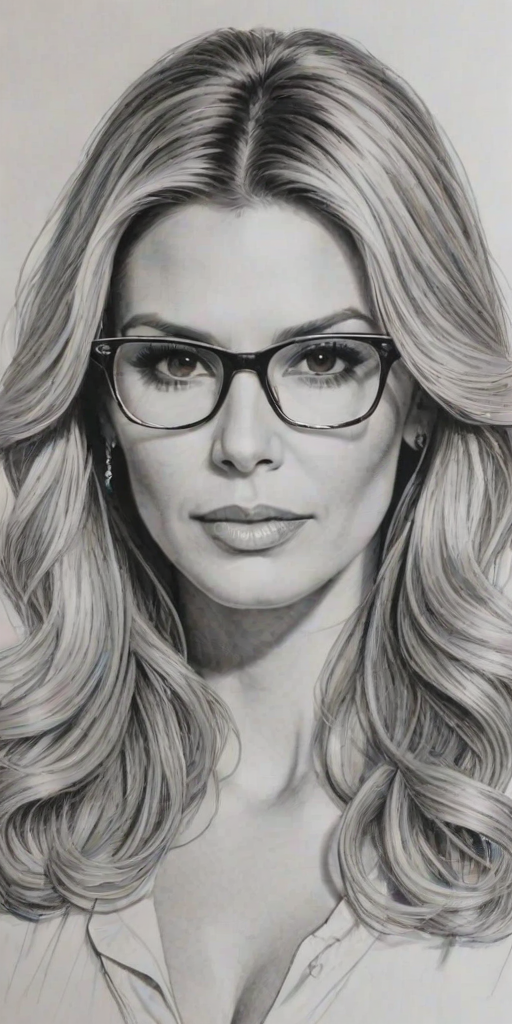 Stunning Brandi Glanville, pencil sketch, portrait of Dazzling woman 1972s in glasses, hair style beatnik, outline, clear lines, fine lines, 8k