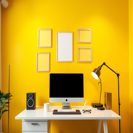 Create a modern home office scene with a bright yellow wall, featuring a sleek desk with a computer, speakers, a lamp, a cup, and glasses; include three empty picture frames on the wall and a floor lamp in the corner; shot with a DSLR camera at 24mm, f/2.8, ISO 100 for a vibrant, high-quality image.