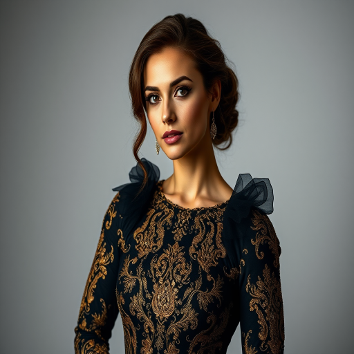 Portrait of a woman in an ornate black and gold gown, elegant pose, soft diffused lighting, slight backlight for depth, 50mm lens, f/1.8 aperture, ISO 200, 1/125 sec shutter speed, studio setting, high-detailed and vibrant color.