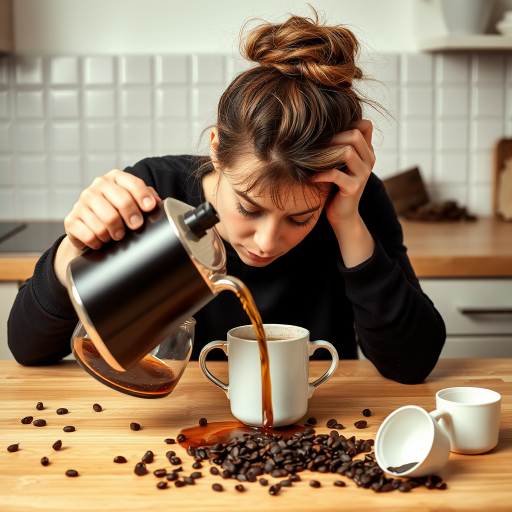 A portrait capturing a humorous and relatable scene of morning exhaustion. A woman with a messy bun, is slumped over a kitchen table, head resting on the surface in apparent fatigue. Despite their exhaustion, they are attempting to pour coffee from a pot, but instead of pouring the coffee into the mug she is pouring it onto the kitchen table. The kitchen setting is minimal, with simple countertops and a tiled backsplash in the background. Scattered coffee beans and an empty cup add to the sense of early morning chaos. The overall mood is lighthearted, portraying the struggle of waking up and the desperate need for coffee in a comedic yet relatable way.