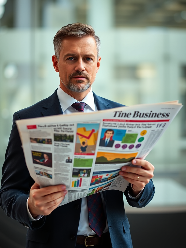 A well-dressed man in a suit holding a business newspaper with colorful graphics, shot with a Canon EOS R5 at f/2.8, ISO 100, 1/200 sec, shallow depth of field, natural light, soft focus background.
