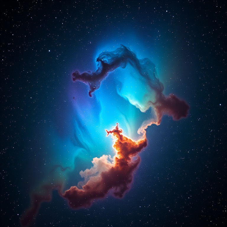 Generate a high-resolution image of a vibrant nebula in space featuring swirling colors of blue, green, orange, and purple with a backdrop of countless stars, captured using a Nikon D850 camera at f/2.8, 30 seconds exposure, ISO 1600, in astrophotography style with a wide-angle lens.