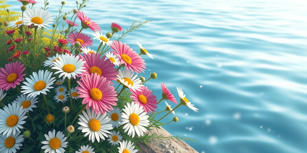 Generate a high-resolution illustration of a vibrant floral arrangement with daisies and greenery by a tranquil water's edge, using a Canon EOS R5 with a 50mm f/1.2 lens, aperture set to f/2.8, ISO 100, and a soft-focus background effect for a dreamy look.