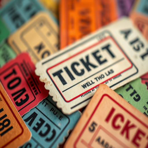 Create a close-up shot of colorful vintage ticket stubs, enhance the colors for vibrancy, using a Canon EOS 5D Mark IV with 50mm f/1.8 lens, aperture set at f/2.8, ISO 100, and a soft-focus background for depth.