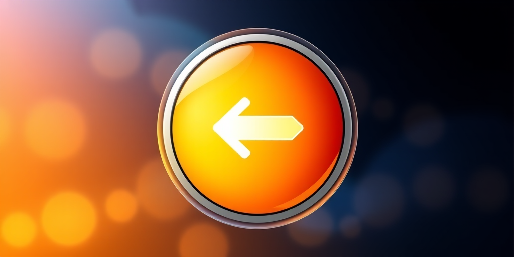 Create a high-resolution digital illustration of a glossy round button with a left arrow icon centered on it, using a gradient color scheme that transitions from warm orange to bright yellow, captured with a DSLR camera at f/2.8 aperture, 50mm lens, and a shallow depth of field for a smooth bokeh effect.