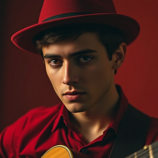 Create a high-resolution minimalist portrait of a vintage musician with a focus on the face, deep red color scheme, soft lighting, shot from a slightly low angle using a DSLR camera with an f/1.8 aperture, 50mm lens at ISO 100.