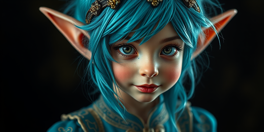 Create a whimsical portrait of a mischievous elf-like character with vibrant turquoise hair, detailed facial features, wearing a vintage blue-and-gold outfit, with a mysterious dark background; use a Canon EOS R5, 50mm f/1.2 lens, ISO 100, aperture f/1.8, and a soft focus lighting style to enhance depth and detail.