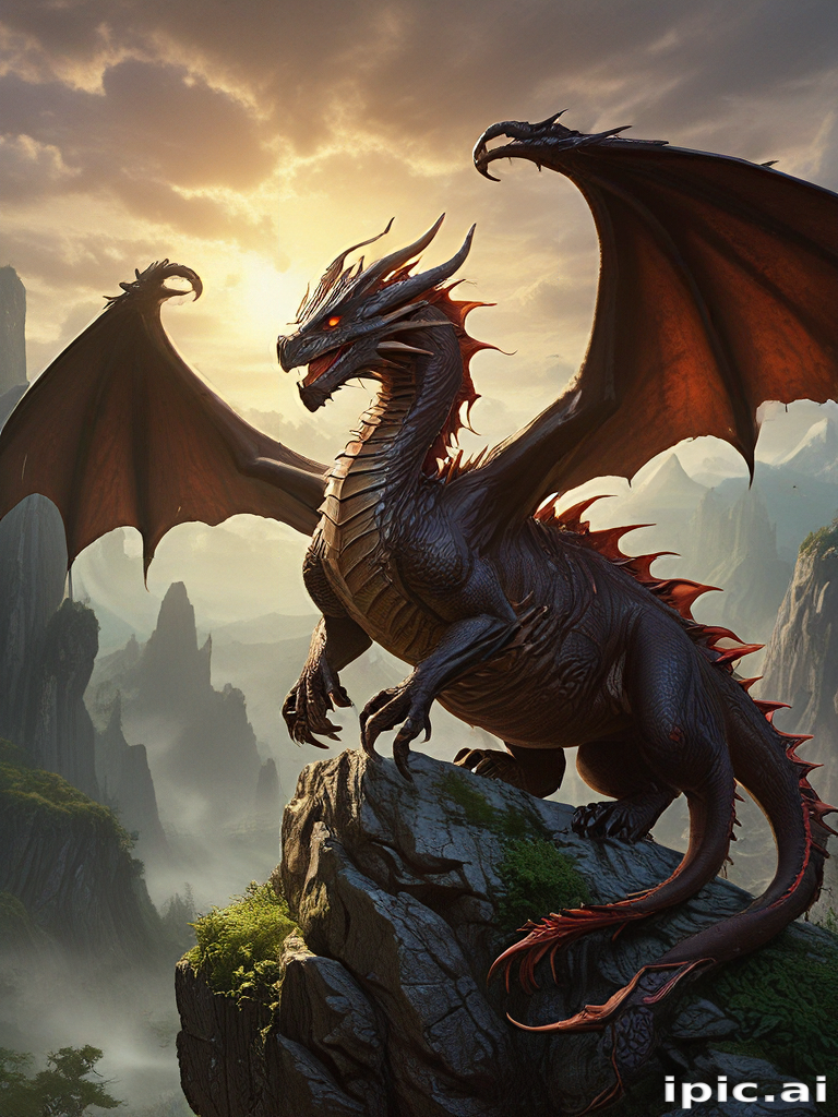 A Majestic Dragon Perched on a Rocky Cliff Beneath a Golden Sunset