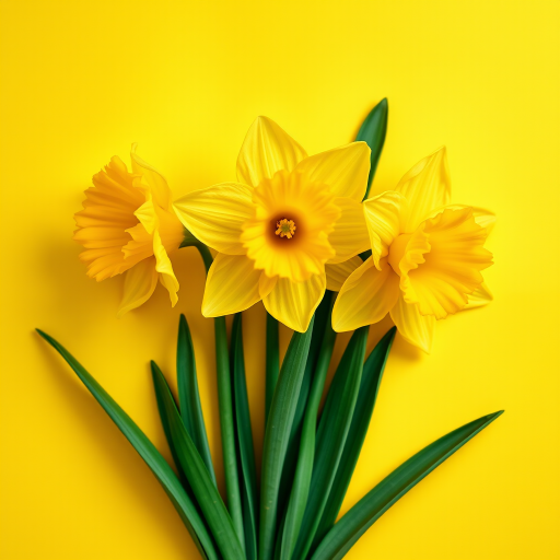Generate a vibrant illustration of three yellow daffodils with green leaves on a soft yellow background, captured with a DSLR camera at f/5.6, ISO 200, 50mm lens, in a top-down view with a shallow depth of field for enhanced detail and richness in color.