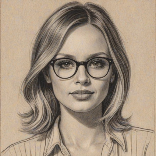 Magnificent Carly Pearce, pencil sketch, portrait of Splendid woman 1937s in glasses, hair style beatnik, outline, clear lines, fine lines, 8k