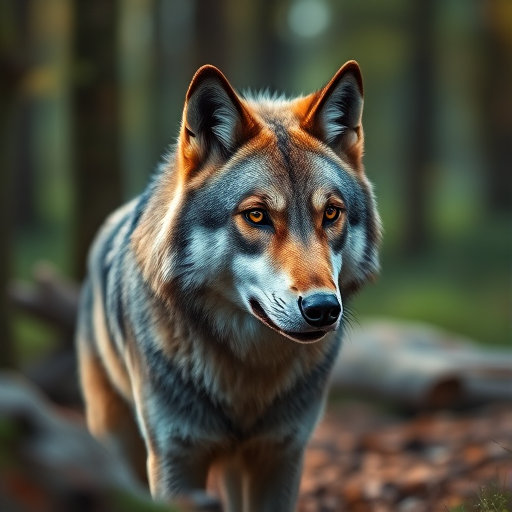 Create a highly detailed digital illustration of a realistic wolf in a forest setting, shallow depth of field, f/2.8 aperture, 50mm lens, ISO 200, natural lighting, high-resolution output.