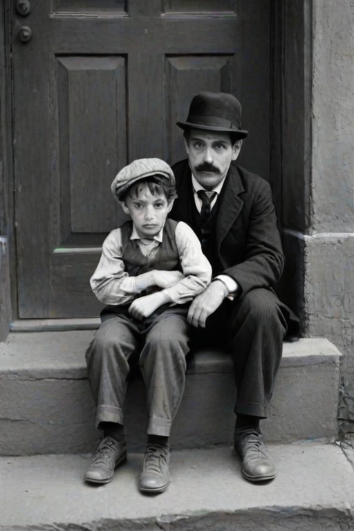 A black-and-white photograph of a man and a child sitting on steps in front of a doorway. The man is dressed as a tramp with a bowler hat, mustache, and ragged clothes, reminiscent of Charlie Chaplin's iconic look. He is sitting with his arms crossed and an expression of slight sadness or frustration. Next to him is a young boy, also in worn clothes and a cap, sitting with his hands clasped, looking thoughtful. The background is an old, textured wall and a partially open door, creating a vintage, early 20th-century atmosphere.