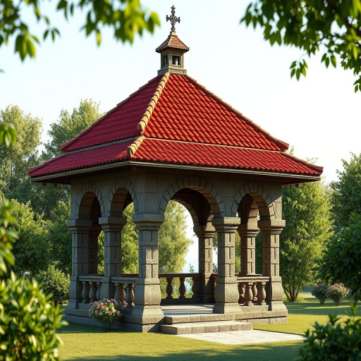 Create a highly detailed 3D rendering of a medieval stone gazebo with a red tile roof, surrounded by lush greenery, captured with a DSLR camera, using a 50mm lens, f/2.8 aperture, ISO 100, with soft, diffused natural lighting from the side for depth.