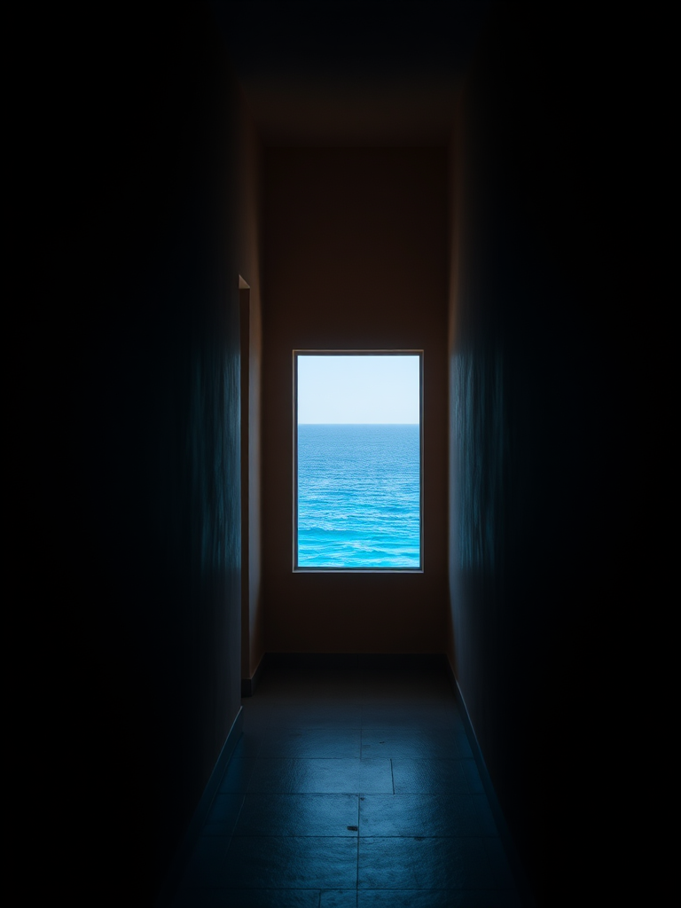 a narrow hallway leading to a bright blue sea view, soft natural light illuminating the space, focus on the contrast between the dark hallway and the vibrant ocean outside, taken with a DSLR camera, aperture f/8, shutter speed 1/125s, ISO 100, wide-angle lens, shot from a low perspective to emphasize depth and perspective